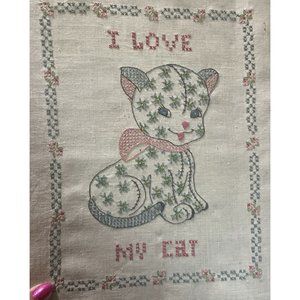 1950s Cross Stitch Cute Cat Kitten Embroidery  Retro 13x10 Finished